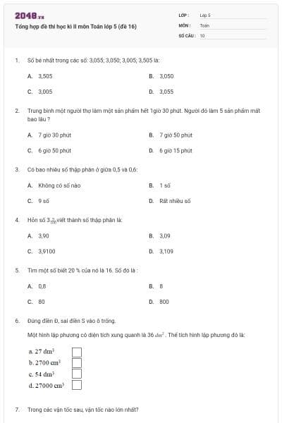 Tổng hợp đề thi học kì II môn Toán lớp 5 (đề 16)