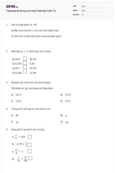 Tổng hợp đề thi học kì II môn Toán lớp 5 (đề 17)
