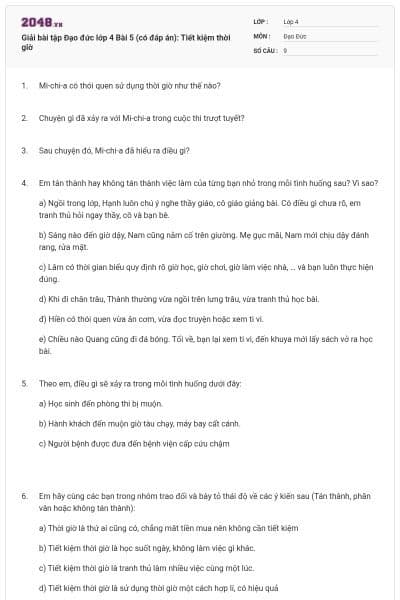 Giải bài tập Đạo đức lớp 4 Bài 5 (có đáp án): Tiết kiệm thời giờ