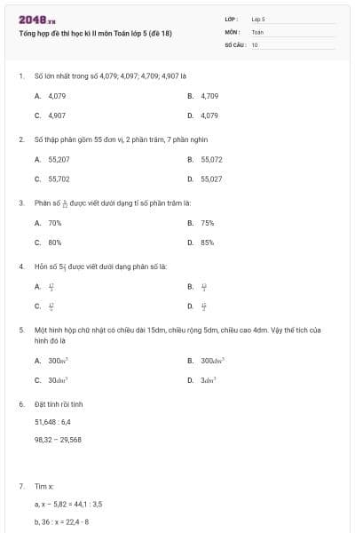 Tổng hợp đề thi học kì II môn Toán lớp 5 (đề 18)