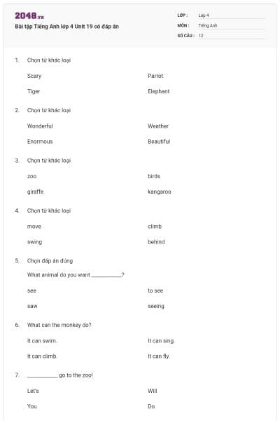 Bài tập Tiếng Anh lớp 4 Unit 19 có đáp án