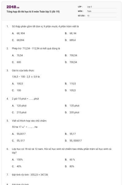 Tổng hợp đề thi học kì II môn Toán lớp 5 (đề 19)