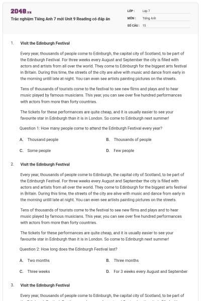 Trắc nghiệm Tiếng Anh 7 mới Unit 9 Reading có đáp án