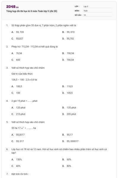 Tổng hợp đề thi học kì II môn Toán lớp 5 (đề 20)