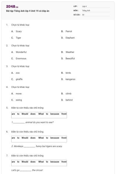 Bài tập Tiếng Anh lớp 4 Unit 19 có đáp án