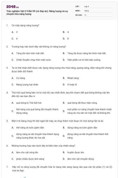 Trắc nghiệm Vật lí 9 Bài 59 (có đáp án): Năng lượng và sự chuyển hóa năng lượng