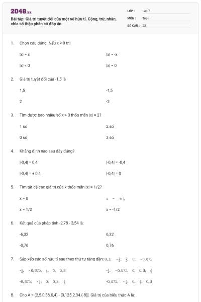 Bài tập: Giá trị tuyệt đối của một số hữu tỉ. Cộng, trừ, nhân, chia số thập phân có đáp án