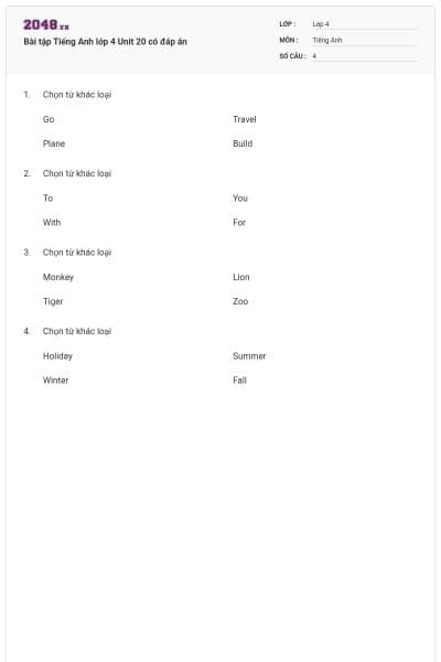 Bài tập Tiếng Anh lớp 4 Unit 20 có đáp án