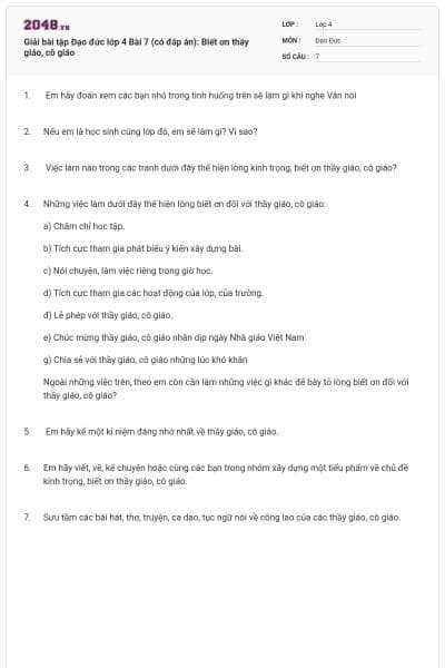 Giải bài tập Đạo đức lớp 4 Bài 7 (có đáp án): Biết ơn thầy giáo, cô giáo
