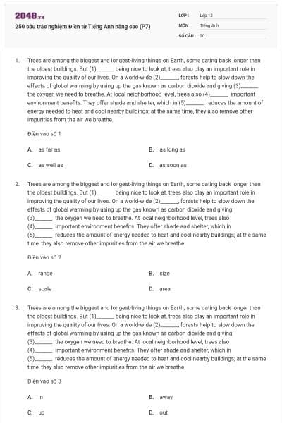 250 câu trắc nghiệm Điền từ Tiếng Anh nâng cao (P7)