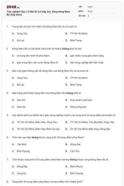 Trắc nghiệm Địa Lí 9 Bài 33 (có đáp án): Vùng Đông Nam Bộ (tiếp theo)