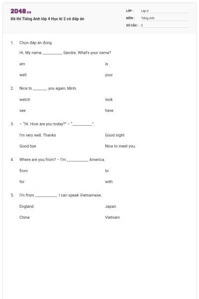 Đề thi Tiếng Anh lớp 4 Học kì 2 có đáp án