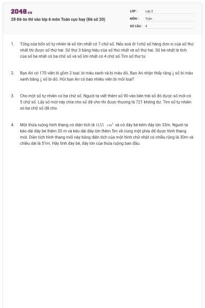 28 Đề ôn thi vào lớp 6 môn Toán cực hay (Đề số 20)