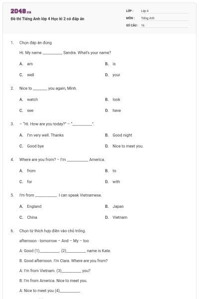 Đề thi Tiếng Anh lớp 4 Học kì 2 có đáp án
