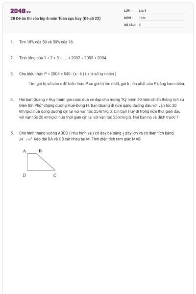 28 Đề ôn thi vào lớp 6 môn Toán cực hay (Đề số 22)