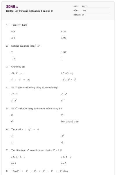 Bài tập: Lũy thừa của một số hữu tỉ có đáp án