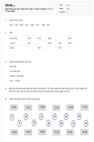 Giải Cùng em học Toán lớp 3 Tập 1 Tuần 2 trang 9, 10, 11, 12 hay nhất
