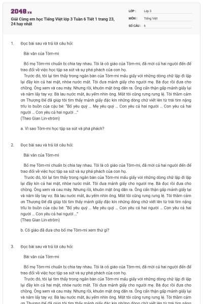 Giải Cùng em học Tiếng Việt lớp 3 Tuần 6 Tiết 1 trang 23, 24 hay nhất