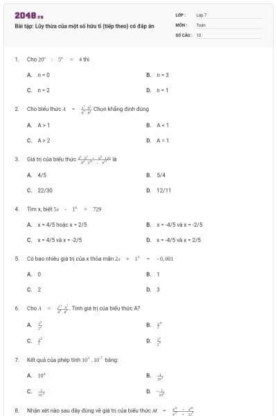 Bài tập: Lũy thừa của một số hữu tỉ (tiếp theo) có đáp án