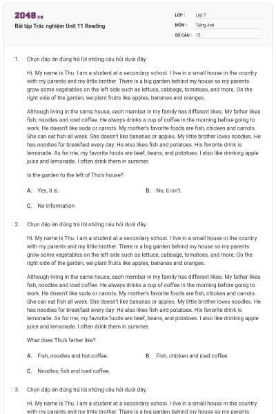 Bài tập Trắc nghiệm Unit 11 Reading