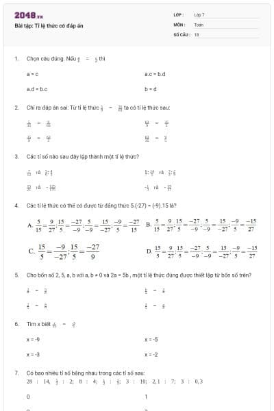 Bài tập: Tỉ lệ thức có đáp án