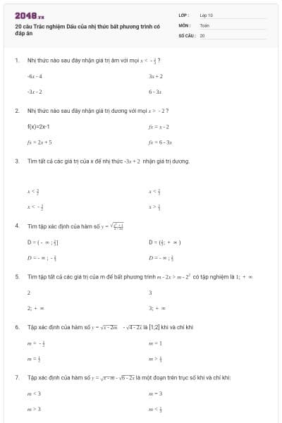 20 câu Trắc nghiệm Dấu của nhị thức bất phương trình có đáp án