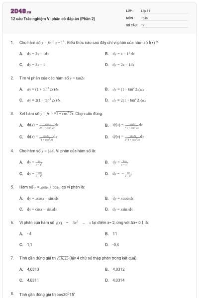 12 câu Trắc nghiệm Vi phân có đáp án (Phần 2)