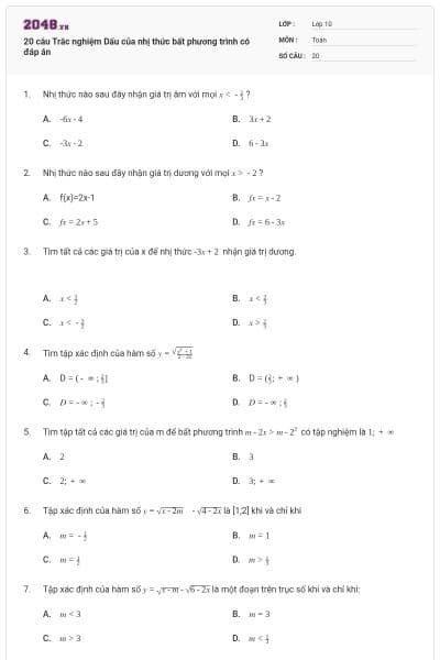 20 câu Trắc nghiệm Dấu của nhị thức bất phương trình có đáp án