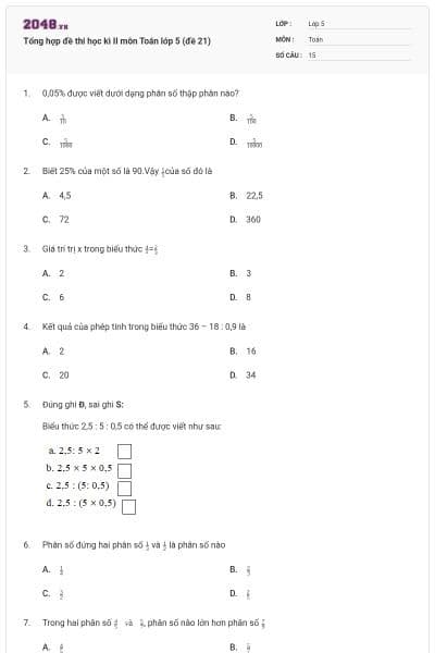 Tổng hợp đề thi học kì II môn Toán lớp 5 (đề 21)