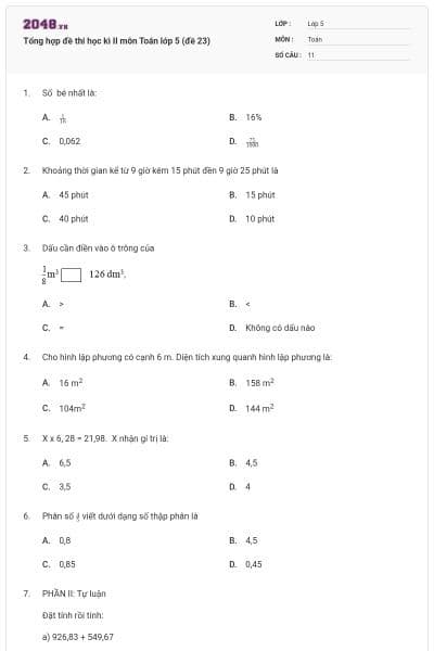 Tổng hợp đề thi học kì II môn Toán lớp 5 (đề 23)