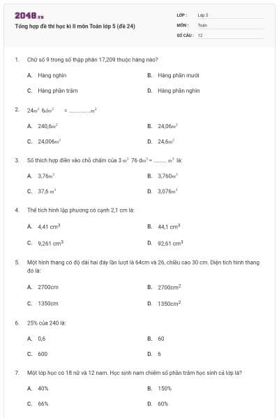 Tổng hợp đề thi học kì II môn Toán lớp 5 (đề 24)