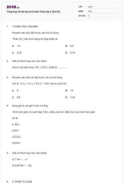 Tổng hợp đề thi học kì II môn Toán lớp 5 (đề 25)