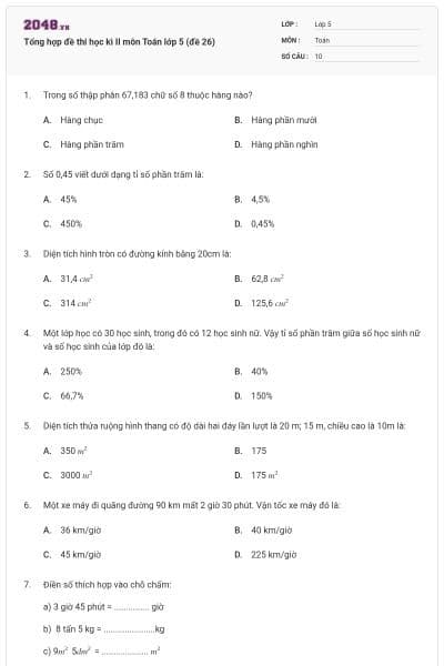 Tổng hợp đề thi học kì II môn Toán lớp 5 (đề 26)