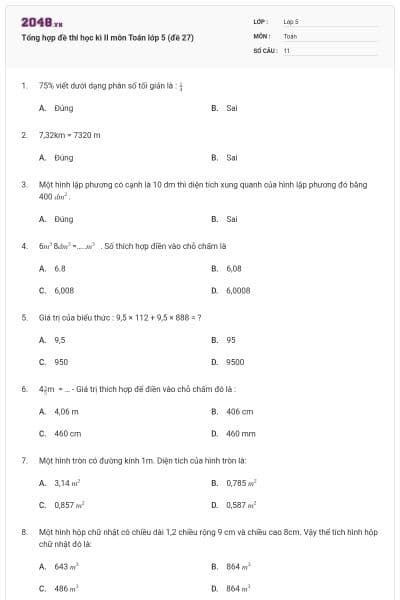Tổng hợp đề thi học kì II môn Toán lớp 5 (đề 27)