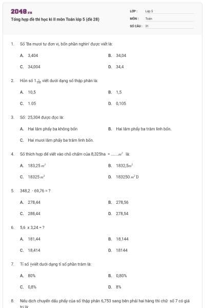 Tổng hợp đề thi học kì II môn Toán lớp 5 (đề 28)