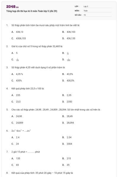 Tổng hợp đề thi học kì II môn Toán lớp 5 (đề 29)