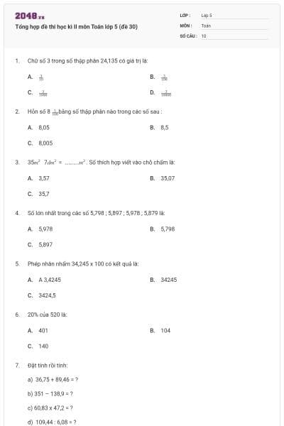 Tổng hợp đề thi học kì II môn Toán lớp 5 (đề 30)