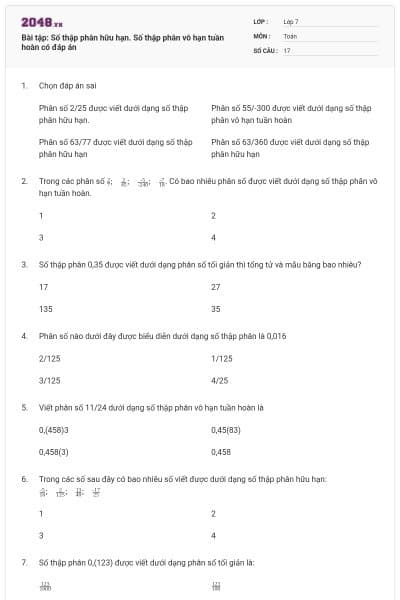 Bài tập: Số thập phân hữu hạn. Số thập phân vô hạn tuần hoàn có đáp án
