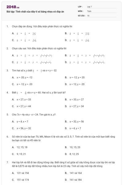 Bài tập: Tính chất của dãy tỉ số bằng nhau có đáp án