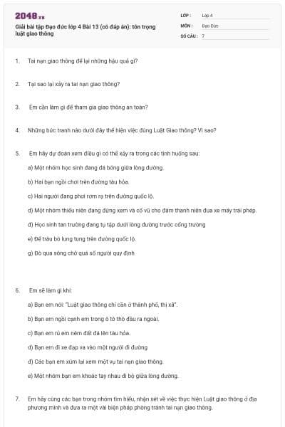 Giải bài tập Đạo đức lớp 4 Bài 13 (có đáp án): tôn trọng luật giao thông