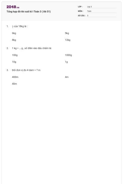 Tổng hợp đề thi cuối kì I Toán 3 ( Đề 51)