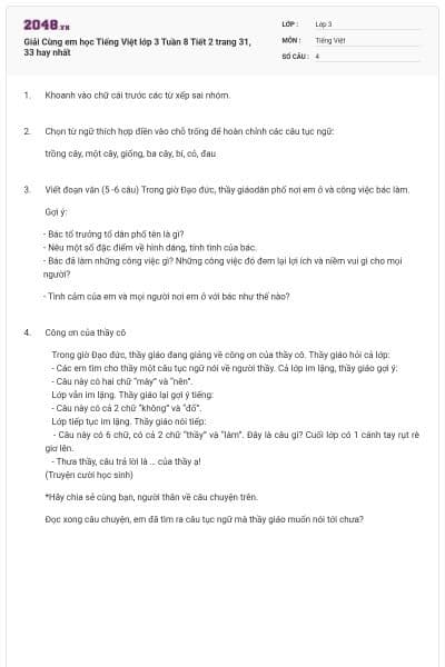 Giải Cùng em học Tiếng Việt lớp 3 Tuần 8 Tiết 2 trang 31, 33 hay nhất
