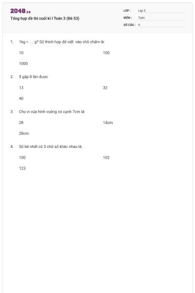 Tổng hợp đề thi cuối kì I Toán 3 (Đề 53)