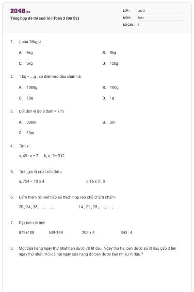 Tổng hợp đề thi cuối kì I Toán 3 (Đề 52)