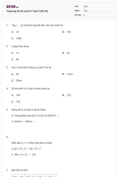 Tổng hợp đề thi cuối kì I Toán 3 (Đề 53)