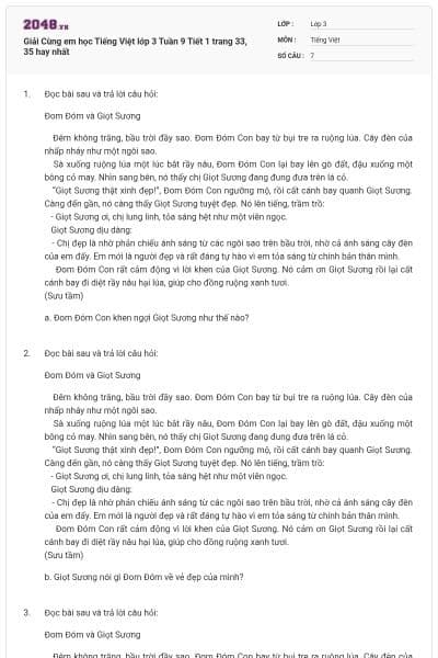 Giải Cùng em học Tiếng Việt lớp 3 Tuần 9 Tiết 1 trang 33, 35 hay nhất