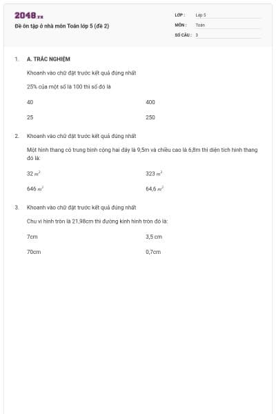 Đề ôn tập ở nhà môn Toán lớp 5 (đề 2)