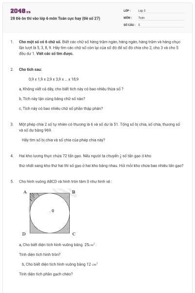 28 Đề ôn thi vào lớp 6 môn Toán cực hay (Đề số 27)