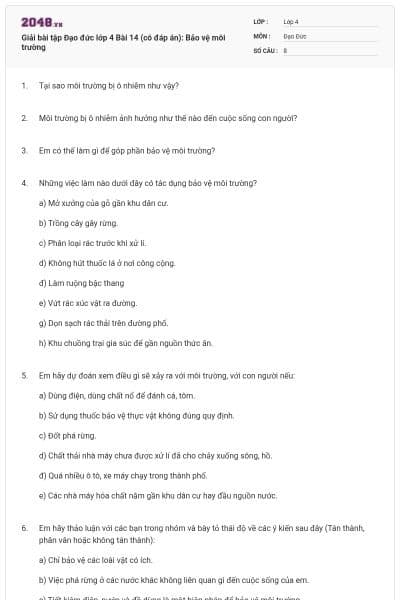 Giải bài tập Đạo đức lớp 4 Bài 14 (có đáp án): Bảo vệ môi trường