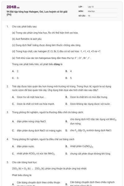 94 Bài tập tổng hợp Halogen, Oxi, Lưu huỳnh có lời giải (P4)